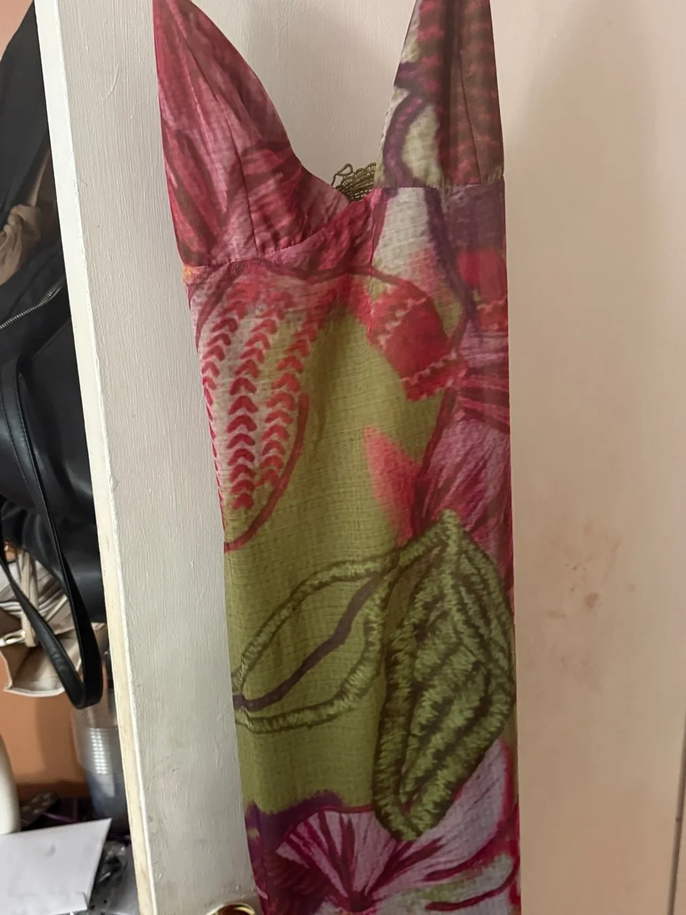 Fashion Nova Olive Green and Magenta Floral Strapless Slip Dress